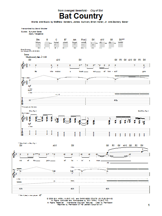 Download Avenged Sevenfold Bat Country sheet music and printable PDF score & Pop music notes