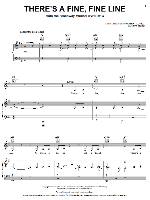Preview Avenue Q There's A Fine, Fine Line Broadway sheet music, notes and chords for Piano & Vocal, SKU: 51402 sheet music, piano notes, chords, guitar tabs, score, transpose, transcribe, how to play, guide, download, learn, tutorial, progression, song, artist, awards, billboard, mtv, vh1, tour, single, album, release