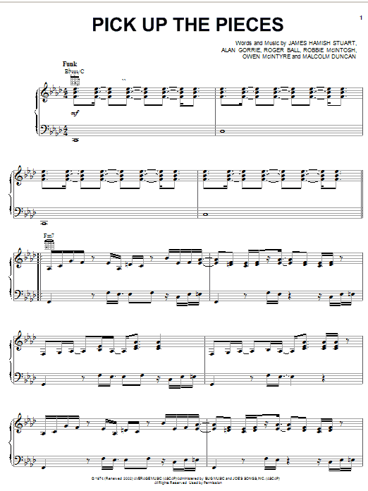 Preview Average White Band Pick Up The Pieces Pop sheet music, notes and chords for Bass Guitar Tab, SKU: 51216 sheet music, piano notes, chords, guitar tabs, score, transpose, transcribe, how to play, guide, download, learn, tutorial, progression, song, artist, awards, billboard, mtv, vh1, tour, single, album, release