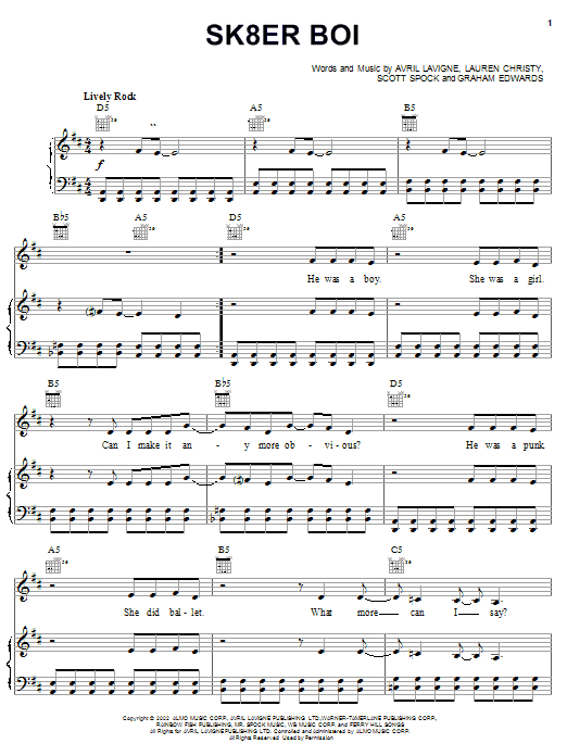 Download Avril Lavigne Sk8er Boi sheet music and printable PDF score & Pop music notes