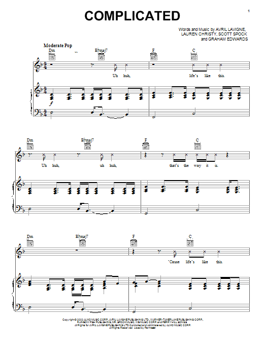 Download Avril Lavigne Complicated sheet music and printable PDF score & Pop music notes
