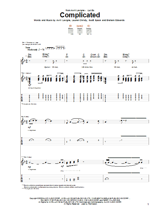 Download Avril Lavigne Complicated sheet music and printable PDF score & Rock music notes