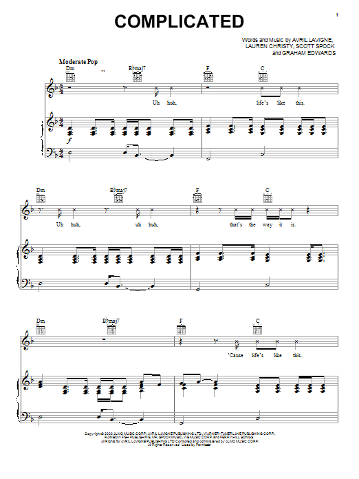 Preview Avril Lavigne Complicated Rock sheet music, notes and chords for Guitar Tab, SKU: 21252 sheet music, piano notes, chords, guitar tabs, score, transpose, transcribe, how to play, guide, download, learn, tutorial, progression, song, artist, awards, billboard, mtv, vh1, tour, single, album, release