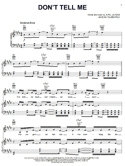 Download Avril Lavigne Don't Tell Me sheet music and printable PDF score & Pop music notes