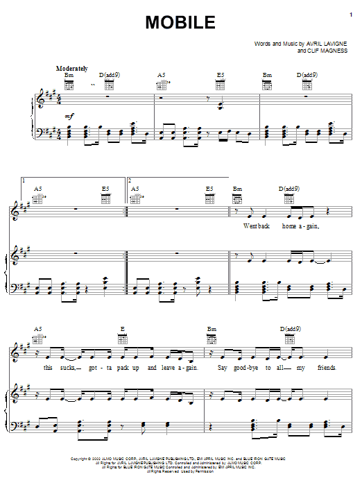 Preview Avril Lavigne Mobile Pop sheet music, notes and chords for Lyrics & Chords, SKU: 106048 Download Avril Lavigne Mobile sheet music and printable PDF score & Pop music notes