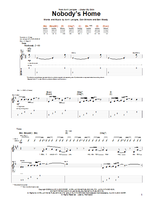 Preview Avril Lavigne Nobody's Home Rock sheet music, notes and chords for Piano, Vocal & Guitar (Right-Hand Melody), SKU: 29935 Download Avril Lavigne Nobody's Home sheet music and printable PDF score & Rock music notes