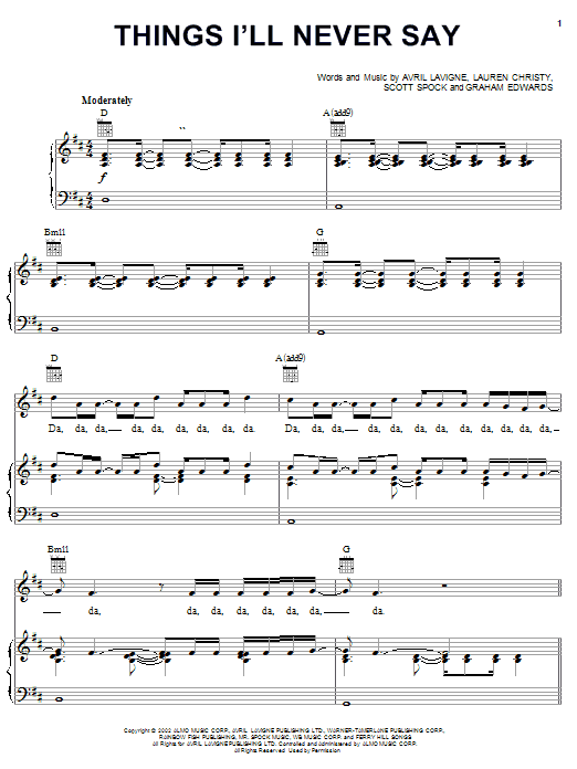 Preview Avril Lavigne Things I'll Never Say Pop sheet music, notes and chords for Lyrics & Chords, SKU: 108419 sheet music, piano notes, chords, guitar tabs, score, transpose, transcribe, how to play, guide, download, learn, tutorial, progression, song, artist, awards, billboard, mtv, vh1, tour, single, album, release