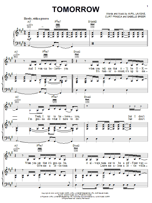 Download Avril Lavigne Tomorrow sheet music and printable PDF score & Pop music notes