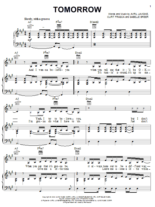Preview Avril Lavigne Tomorrow Pop sheet music, notes and chords for Lyrics & Chords, SKU: 108475 sheet music, piano notes, chords, guitar tabs, score, transpose, transcribe, how to play, guide, download, learn, tutorial, progression, song, artist, awards, billboard, mtv, vh1, tour, single, album, release