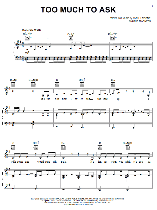 Preview Avril Lavigne Too Much To Ask Pop sheet music, notes and chords for Lyrics & Chords, SKU: 108487 sheet music, piano notes, chords, guitar tabs, score, transpose, transcribe, how to play, guide, download, learn, tutorial, progression, song, artist, awards, billboard, mtv, vh1, tour, single, album, release