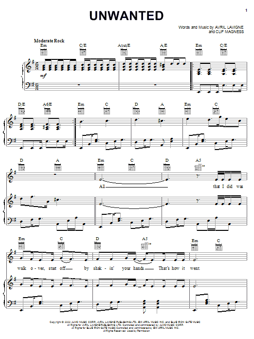 Preview Avril Lavigne Unwanted Pop sheet music, notes and chords for Lyrics & Chords, SKU: 108591 sheet music, piano notes, chords, guitar tabs, score, transpose, transcribe, how to play, guide, download, learn, tutorial, progression, song, artist, awards, billboard, mtv, vh1, tour, single, album, release
