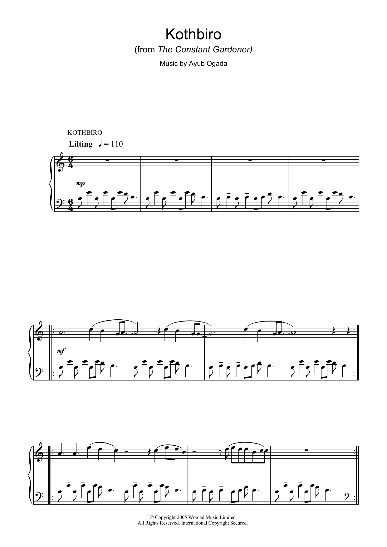 Preview Ayub Ogada Kothbiro (from The Constant Gardener) Film and TV sheet music, notes and chords for Piano, SKU: 37417 Download Ayub Ogada Kothbiro (from The Constant Gardener) sheet music and printable PDF score & Film and TV music notes