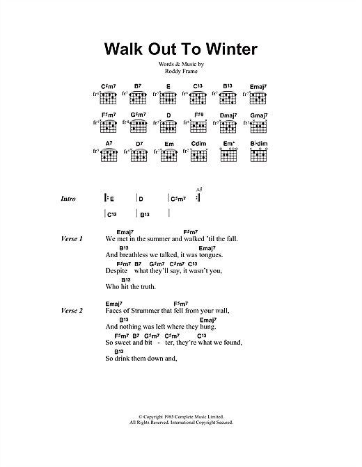 Preview Aztec Camera Walk Out To Winter Pop sheet music, notes and chords for Lyrics & Chords, SKU: 108641 sheet music, piano notes, chords, guitar tabs, score, transpose, transcribe, how to play, guide, download, learn, tutorial, progression, song, artist, awards, billboard, mtv, vh1, tour, single, album, release