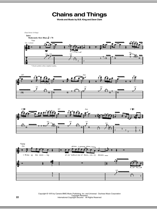 Preview B.B. King Chains And Things Pop sheet music, notes and chords for Guitar Tab, SKU: 69302 Download B.B. King Chains And Things sheet music and printable PDF score & Pop music notes