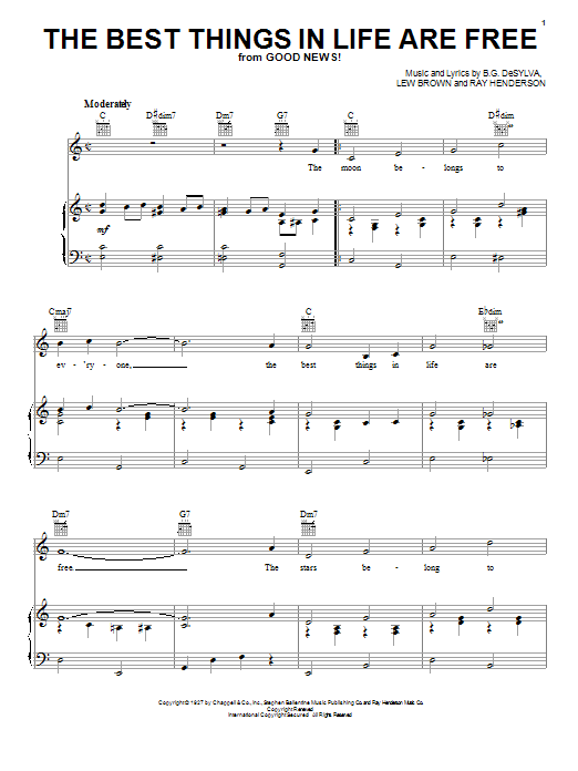 Preview B.G. DeSylva The Best Things In Life Are Free Jazz sheet music, notes and chords for Easy Piano, SKU: 76362 Download B.G. DeSylva The Best Things In Life Are Free sheet music and printable PDF score & Jazz music notes
