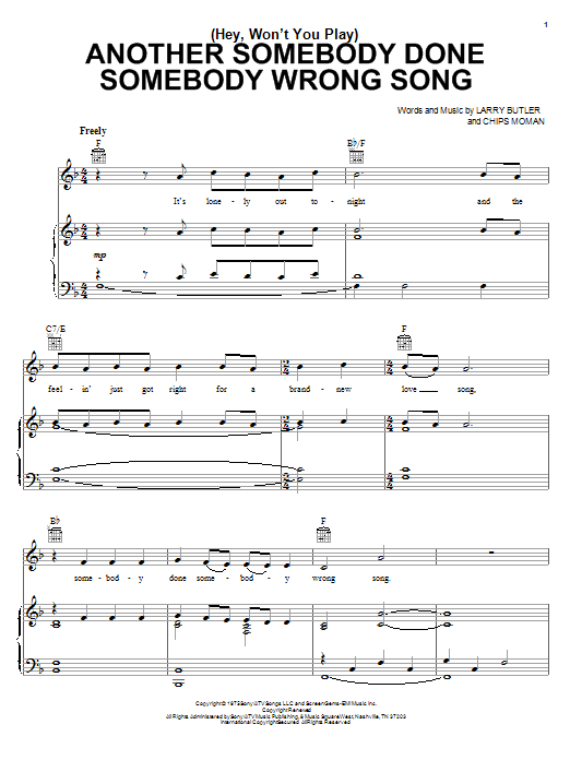 Download B.J. Thomas (Hey, Won't You Play) Another Somebody Done Somebody Wrong Song sheet music and printable PDF score & Pop music notes