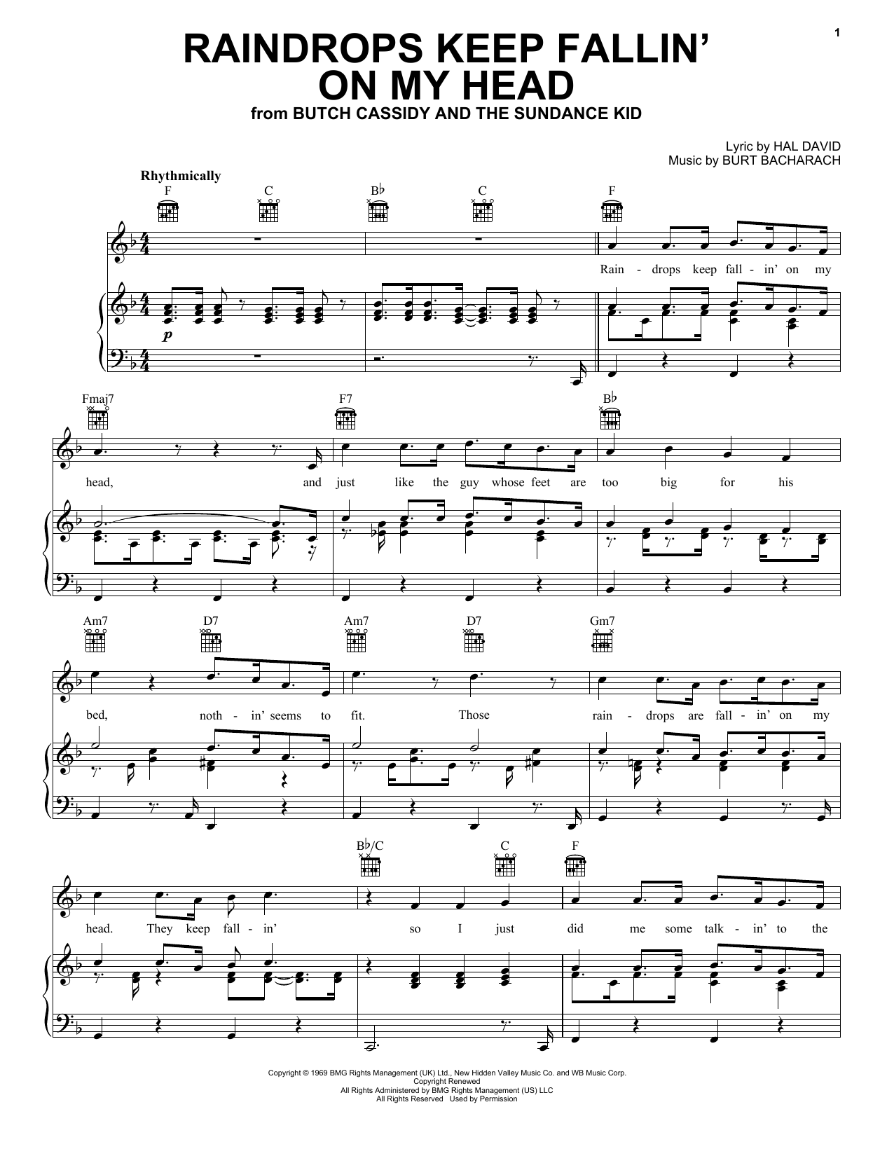 Preview B.J. Thomas Raindrops Keep Fallin' On My Head Film and TV sheet music, notes and chords for Piano, Vocal & Guitar (Right-Hand Melody), SKU: 16574 sheet music, piano notes, chords, guitar tabs, score, transpose, transcribe, how to play, guide, download, learn, tutorial, progression, song, artist, awards, billboard, mtv, vh1, tour, single, album, release