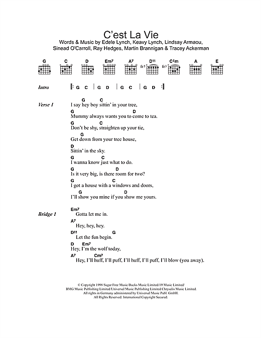 Preview B*Witched C'est La Vie Pop sheet music, notes and chords for Lyrics & Chords, SKU: 101296 sheet music, piano notes, chords, guitar tabs, score, transpose, transcribe, how to play, guide, download, learn, tutorial, progression, song, artist, awards, billboard, mtv, vh1, tour, single, album, release