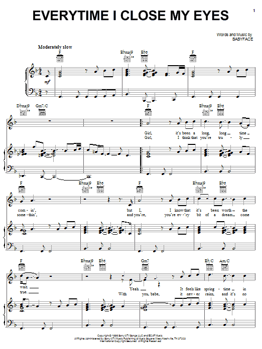 Download Babyface Everytime I Close My Eyes sheet music and printable PDF score & Pop music notes