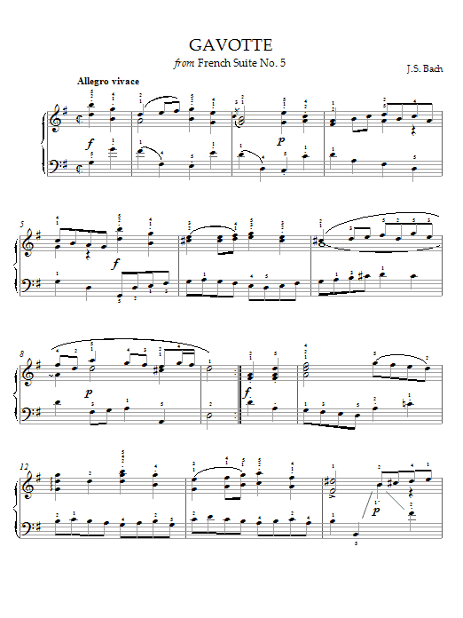 Preview Johann Sebastian Bach Gavotte (from French Suite No. 5) Pop sheet music, notes and chords for Piano, SKU: 21513 Download Johann Sebastian Bach Gavotte (from French Suite No. 5) sheet music and printable PDF score & Pop music notes