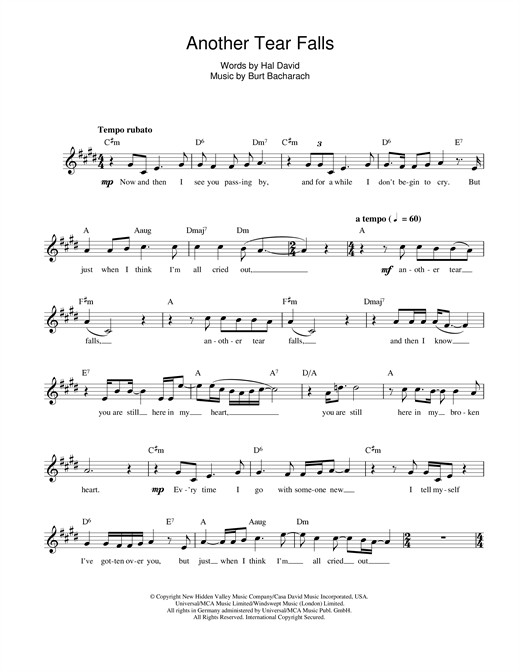 Preview Bacharach & David Another Tear Falls Pop sheet music, notes and chords for Melody Line, Lyrics & Chords, SKU: 13943 sheet music, piano notes, chords, guitar tabs, score, transpose, transcribe, how to play, guide, download, learn, tutorial, progression, song, artist, awards, billboard, mtv, vh1, tour, single, album, release