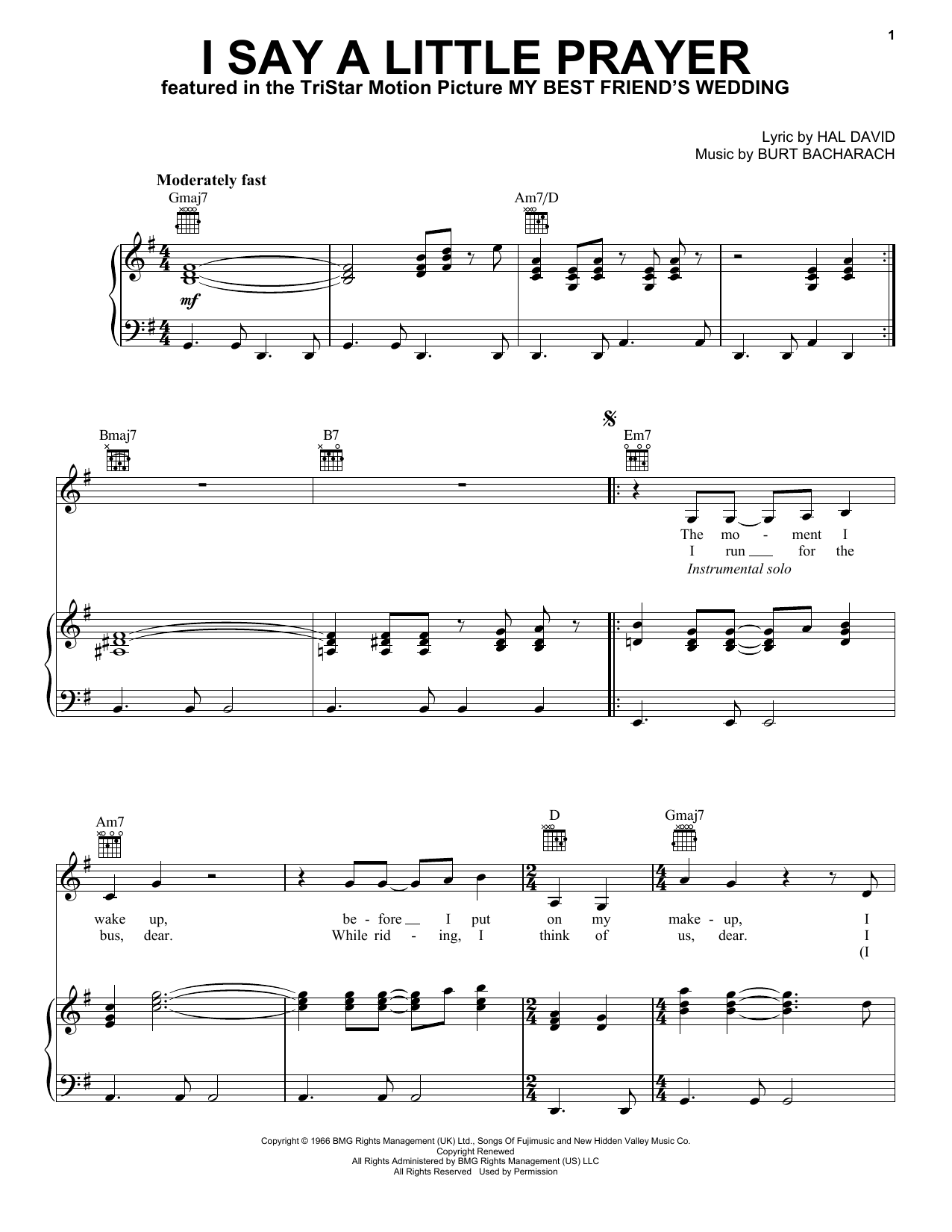 Download Bacharach & David I Say A Little Prayer sheet music and printable PDF score & Film and TV music notes