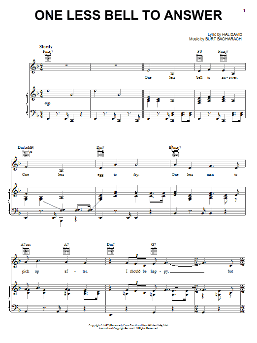Preview Bacharach & David One Less Bell To Answer Pop sheet music, notes and chords for Piano, Vocal & Guitar (Right-Hand Melody), SKU: 28397 Download Bacharach & David One Less Bell To Answer sheet music and printable PDF score & Pop music notes