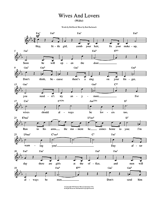 Download Bacharach & David Wives And Lovers (Hey, Little Girl) sheet music and printable PDF score & Pop music notes