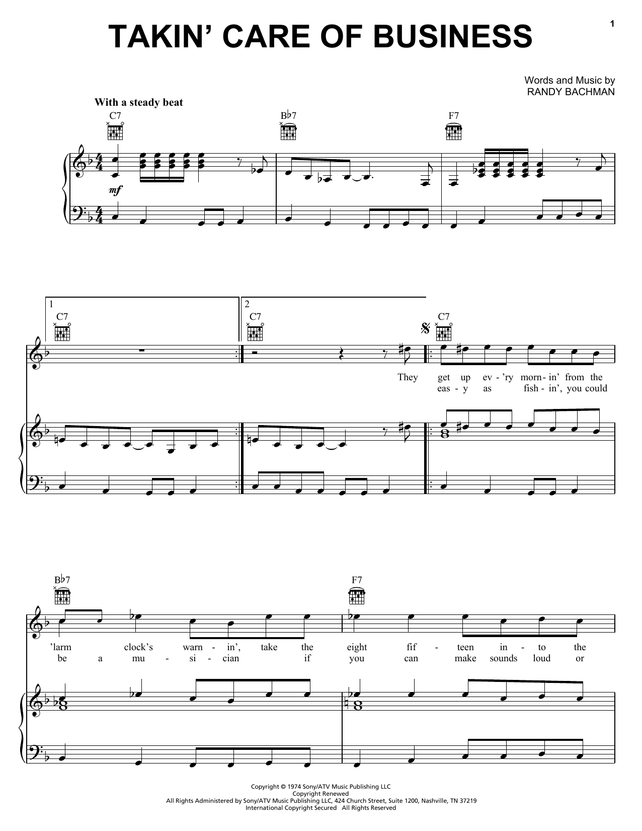 Preview Bachman-Turner Overdrive Takin' Care Of Business Rock sheet music, notes and chords for Lyrics & Chords, SKU: 108299 sheet music, piano notes, chords, guitar tabs, score, transpose, transcribe, how to play, guide, download, learn, tutorial, progression, song, artist, awards, billboard, mtv, vh1, tour, single, album, release