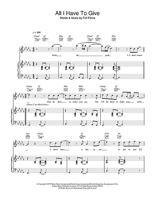 Preview Backstreet Boys All I Have To Give Pop sheet music, notes and chords for Piano, Vocal & Guitar, SKU: 18412 sheet music, piano notes, chords, guitar tabs, score, transpose, transcribe, how to play, guide, download, learn, tutorial, progression, song, artist, awards, billboard, mtv, vh1, tour, single, album, release