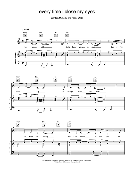 Preview Backstreet Boys Every Time I Close My Eyes Pop sheet music, notes and chords for Piano, Vocal & Guitar (Right-Hand Melody), SKU: 17342 sheet music, piano notes, chords, guitar tabs, score, transpose, transcribe, how to play, guide, download, learn, tutorial, progression, song, artist, awards, billboard, mtv, vh1, tour, single, album, release