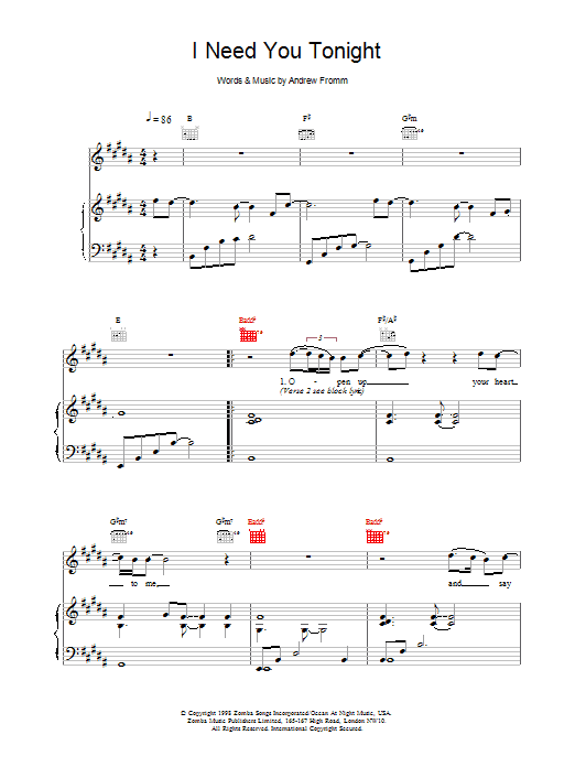 Preview Backstreet Boys I Need You Tonight Pop sheet music, notes and chords for Piano, Vocal & Guitar, SKU: 17622 sheet music, piano notes, chords, guitar tabs, score, transpose, transcribe, how to play, guide, download, learn, tutorial, progression, song, artist, awards, billboard, mtv, vh1, tour, single, album, release
