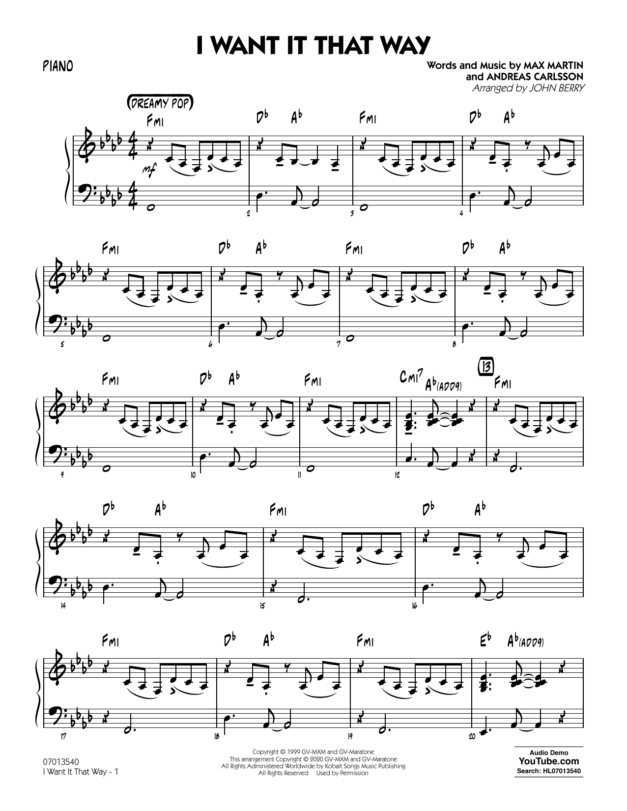 Injectie les japon Backstreet Boys "I Want It That Way (arr. John Berry) - Piano" Sheet Music  | Download Printable Pop PDF Score | How To Play On Jazz Ensemble? SKU  444554