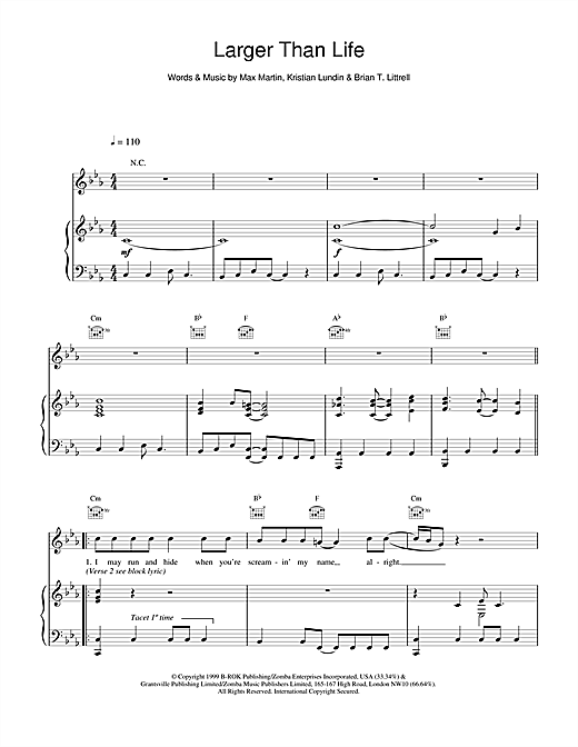 Preview Backstreet Boys Larger Than Life Pop sheet music, notes and chords for Piano, Vocal & Guitar (Right-Hand Melody), SKU: 17625 sheet music, piano notes, chords, guitar tabs, score, transpose, transcribe, how to play, guide, download, learn, tutorial, progression, song, artist, awards, billboard, mtv, vh1, tour, single, album, release
