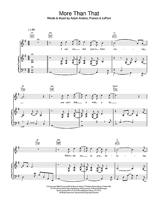 Preview Backstreet Boys More Than That Pop sheet music, notes and chords for Piano, Vocal & Guitar, SKU: 18434 sheet music, piano notes, chords, guitar tabs, score, transpose, transcribe, how to play, guide, download, learn, tutorial, progression, song, artist, awards, billboard, mtv, vh1, tour, single, album, release