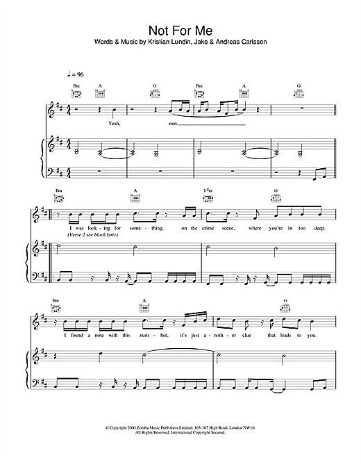 Preview Backstreet Boys Not For Me Pop sheet music, notes and chords for Piano, Vocal & Guitar, SKU: 18435 sheet music, piano notes, chords, guitar tabs, score, transpose, transcribe, how to play, guide, download, learn, tutorial, progression, song, artist, awards, billboard, mtv, vh1, tour, single, album, release