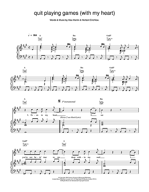 Preview Backstreet Boys Quit Playing Games (With My Heart) Pop sheet music, notes and chords for Piano, Vocal & Guitar (Right-Hand Melody), SKU: 17346 sheet music, piano notes, chords, guitar tabs, score, transpose, transcribe, how to play, guide, download, learn, tutorial, progression, song, artist, awards, billboard, mtv, vh1, tour, single, album, release