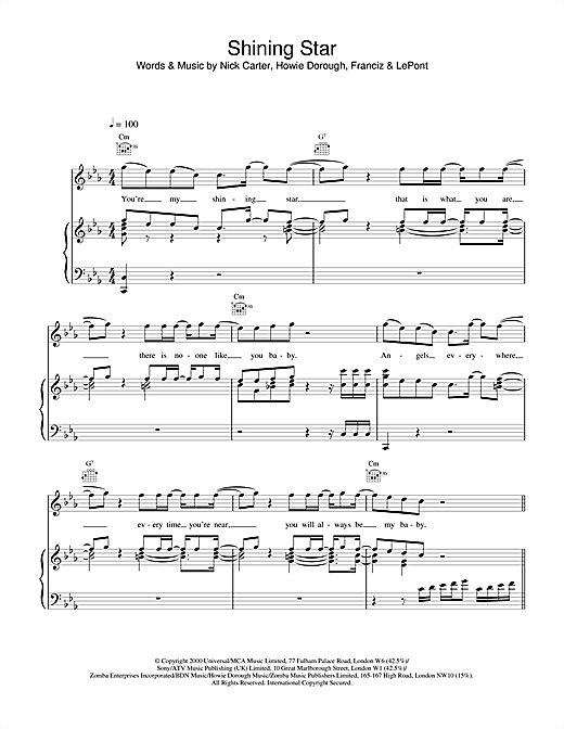 Preview Backstreet Boys Shining Star Pop sheet music, notes and chords for Piano, Vocal & Guitar, SKU: 18420 sheet music, piano notes, chords, guitar tabs, score, transpose, transcribe, how to play, guide, download, learn, tutorial, progression, song, artist, awards, billboard, mtv, vh1, tour, single, album, release