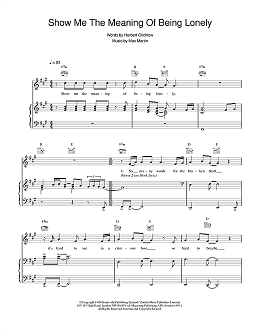 Preview Backstreet Boys Show Me The Meaning Of Being Lonely Pop sheet music, notes and chords for Piano, Vocal & Guitar (Right-Hand Melody), SKU: 17627 sheet music, piano notes, chords, guitar tabs, score, transpose, transcribe, how to play, guide, download, learn, tutorial, progression, song, artist, awards, billboard, mtv, vh1, tour, single, album, release