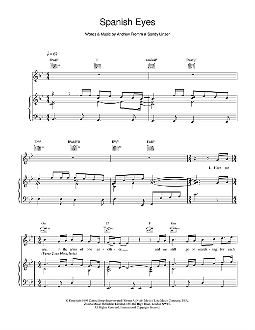 Preview Backstreet Boys Spanish Eyes Pop sheet music, notes and chords for Piano, Vocal & Guitar (Right-Hand Melody), SKU: 17628 sheet music, piano notes, chords, guitar tabs, score, transpose, transcribe, how to play, guide, download, learn, tutorial, progression, song, artist, awards, billboard, mtv, vh1, tour, single, album, release