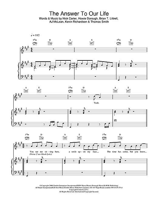 Preview Backstreet Boys The Answer To Our Life Pop sheet music, notes and chords for Piano, Vocal & Guitar, SKU: 18432 sheet music, piano notes, chords, guitar tabs, score, transpose, transcribe, how to play, guide, download, learn, tutorial, progression, song, artist, awards, billboard, mtv, vh1, tour, single, album, release