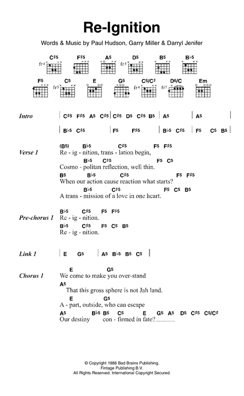 Preview Bad Brains Re-Ignition Rock sheet music, notes and chords for Lyrics & Chords, SKU: 121038 sheet music, piano notes, chords, guitar tabs, score, transpose, transcribe, how to play, guide, download, learn, tutorial, progression, song, artist, awards, billboard, mtv, vh1, tour, single, album, release