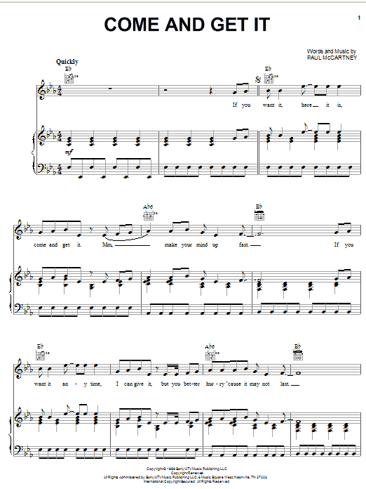 Preview Badfinger Come And Get It Rock sheet music, notes and chords for Piano, Vocal & Guitar (Right-Hand Melody), SKU: 51994 sheet music, piano notes, chords, guitar tabs, score, transpose, transcribe, how to play, guide, download, learn, tutorial, progression, song, artist, awards, billboard, mtv, vh1, tour, single, album, release