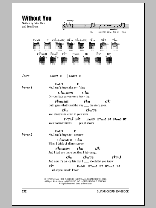 Download Badfinger Without You sheet music and printable PDF score & Pop music notes