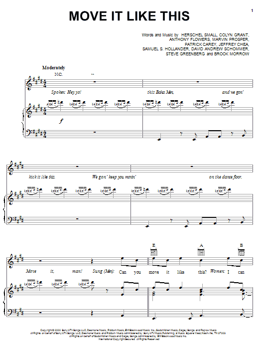 Preview Baha Men Move It Like This Pop sheet music, notes and chords for Piano, Vocal & Guitar (Right-Hand Melody), SKU: 21493 sheet music, piano notes, chords, guitar tabs, score, transpose, transcribe, how to play, guide, download, learn, tutorial, progression, song, artist, awards, billboard, mtv, vh1, tour, single, album, release