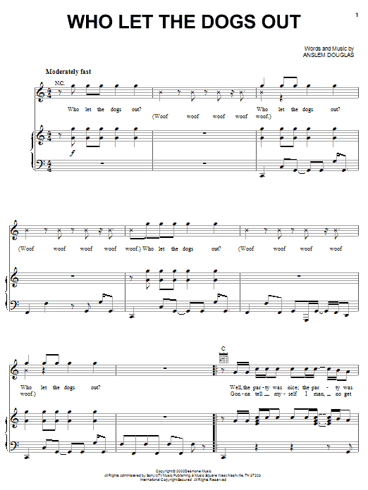 Preview Baha Men Who Let The Dogs Out Pop sheet music, notes and chords for Piano, Vocal & Guitar (Right-Hand Melody), SKU: 18236 Download Baha Men Who Let The Dogs Out sheet music and printable PDF score & Pop music notes