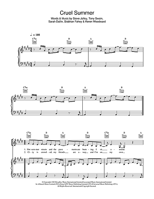 Preview Bananarama Cruel Summer Rock sheet music, notes and chords for Piano, Vocal & Guitar (Right-Hand Melody), SKU: 62917 sheet music, piano notes, chords, guitar tabs, score, transpose, transcribe, how to play, guide, download, learn, tutorial, progression, song, artist, awards, billboard, mtv, vh1, tour, single, album, release