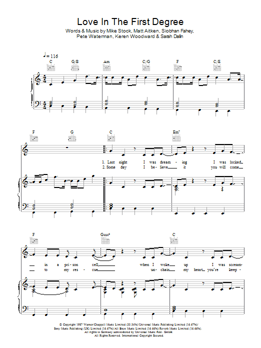 Preview Bananarama Love In The First Degree Pop sheet music, notes and chords for Piano, Vocal & Guitar (Right-Hand Melody), SKU: 47643 Download Bananarama Love In The First Degree sheet music and printable PDF score & Pop music notes