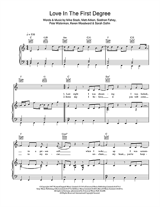 Preview Bananarama Love In The First Degree Pop sheet music, notes and chords for Piano, Vocal & Guitar (Right-Hand Melody), SKU: 47643 sheet music, piano notes, chords, guitar tabs, score, transpose, transcribe, how to play, guide, download, learn, tutorial, progression, song, artist, awards, billboard, mtv, vh1, tour, single, album, release