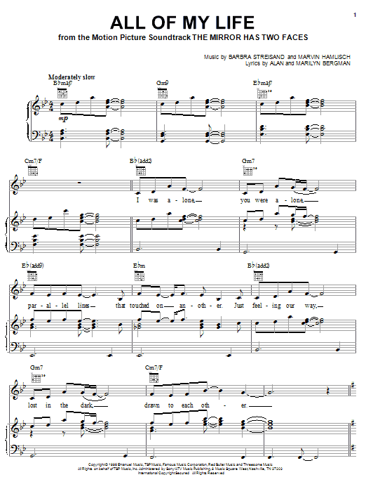 Preview Barbra Streisand All Of My Life Pop sheet music, notes and chords for Piano, Vocal & Guitar (Right-Hand Melody), SKU: 18063 sheet music, piano notes, chords, guitar tabs, score, transpose, transcribe, how to play, guide, download, learn, tutorial, progression, song, artist, awards, billboard, mtv, vh1, tour, single, album, release